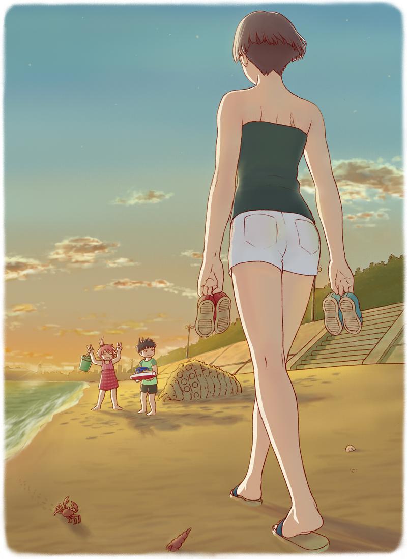 1boy 2girls arm arms_up back bare_arms bare_back bare_legs bare_shoulders beach brown_hair bucket carrying child clouds crab gake_no_ue_no_ponyo holding holding_shoes jas kaze_no_tani_no_nausicaa lamppost legs long_image mother_and_son multiple_girls nape ohmu outdoors park ponyo risa_(ponyo) sand_sculpture sandals seashell shell shoes shoes_removed short_hair short_shorts shorts sky skyline sosuke stairs star_(sky) strapless sun sunset tall_image toy_boat tubetop walking water
