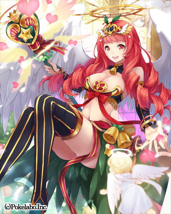1girl bare_shoulders bell bow bracelet breasts cleavage female hair_ornament halo heart hinariaoba holding holding_weapon jewelry long_hair looking_at_viewer midriff navel open_mouth orange_eyes original red_bow redhead smile solo staff thigh-highs weapon wings