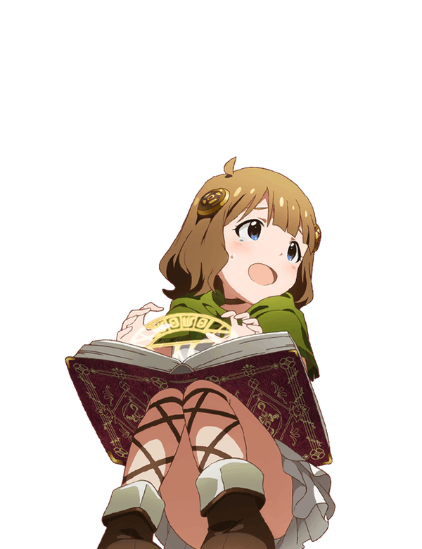 1girl blue_eyes book boots brown_hair child glyph green_clothes idolmaster idolmaster_million_live! legs magic official_art open_mouth simple_background skirt solo spell suou_momoko tagme transparent white_skirt