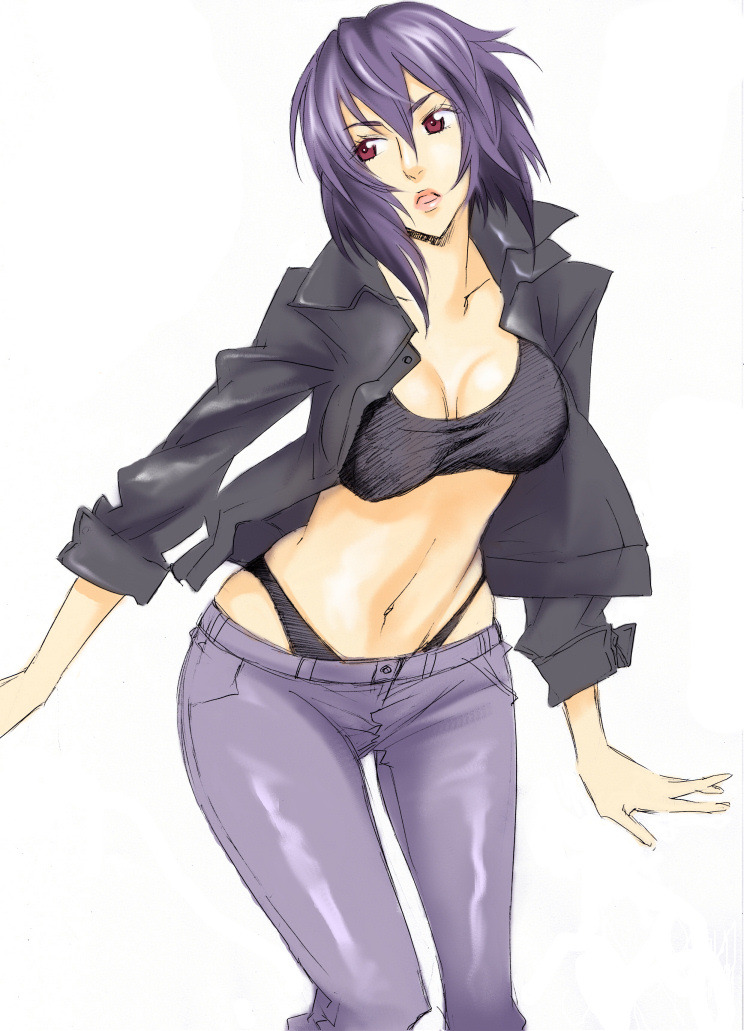 1girl breasts female ghost_in_the_shell ghost_in_the_shell_stand_alone_complex kusanagi_motoko large_breasts purple_hair short_hair simple_background solo underwear white_background