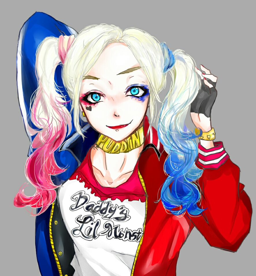 1girl batman_(series) blonde_hair blue_eyes bracelet choker dc_comics dccu fingerless_gloves gloves harley_quinn jacket jewelry lipstick looking_at_viewer makeup multicolored_hair simple_background solo spiked_bracelet suicide_squad twintails
