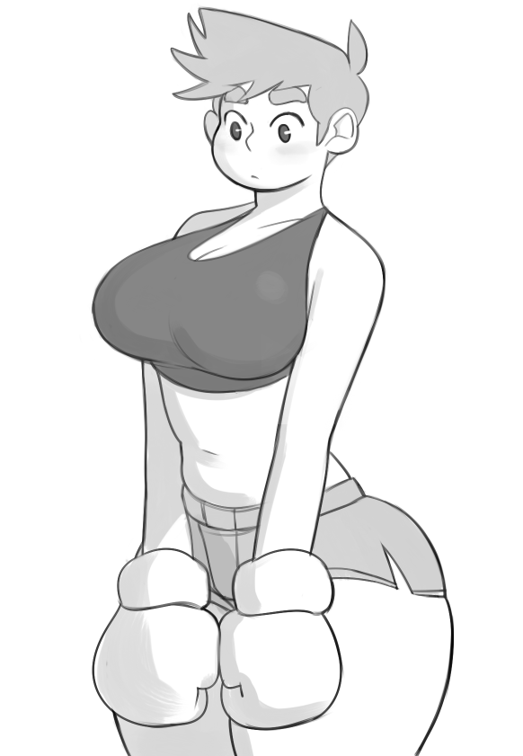 1girl blush boxing_gloves genderswap little_mac monochrome punch-out!! short_hair solo sports_bra thick_thighs wide_hips