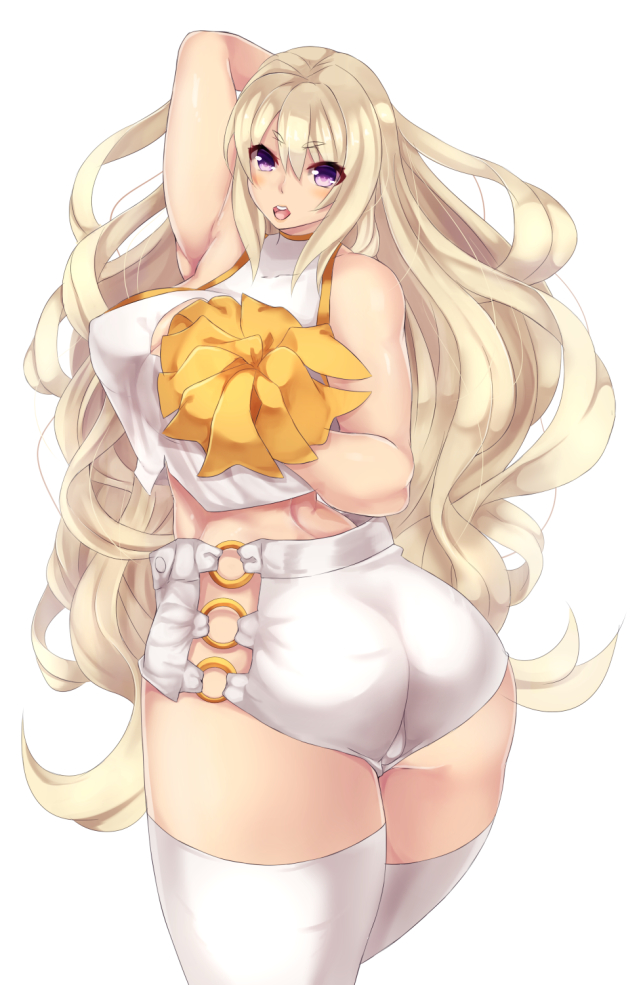 1girl arm_up armpits ass bad_anatomy bare_shoulders blonde_hair blush breasts cheerleader cleavage curvy erect_nipples female huge_ass large_breasts long_hair looking_at_viewer looking_back midriff open_mouth original raycat simple_background smile solo standing thick_eyebrows thick_thighs thigh-highs very_long_hair violet_eyes wide_hips