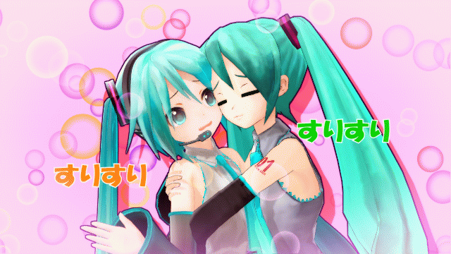 2girls 3d animated animated_gif dual_persona hatsune_miku headphones multiple_girls twintails vocaloid