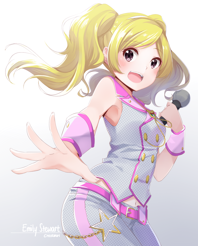 1girl artist_name belt blonde_hair blush chains character_name chiiririn emily_stewart female gradient gradient_background idolmaster idolmaster_million_live! looking_at_viewer microphone midriff navel open_mouth pink_eyes sleeveless solo star_(symbol) twintails