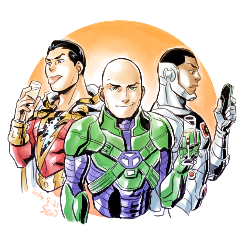 3boys alcohol armor bald blue_eyes cape champagne champagne_glass cyborg cyborg_(dc) dark_skin dc_comics glass gradient gradient_background justice_league lex_luthor male_focus multiple_boys power_armor sen_(pixiv111638) shazam tongue