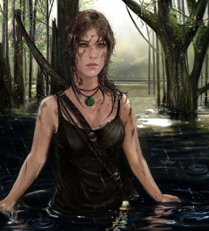 1girl blood bow_(weapon) brown_eyes brown_hair dirty jewelry lara_croft long_hair necklace rain sky solo tank_top tomb_raider tree water weapon wet