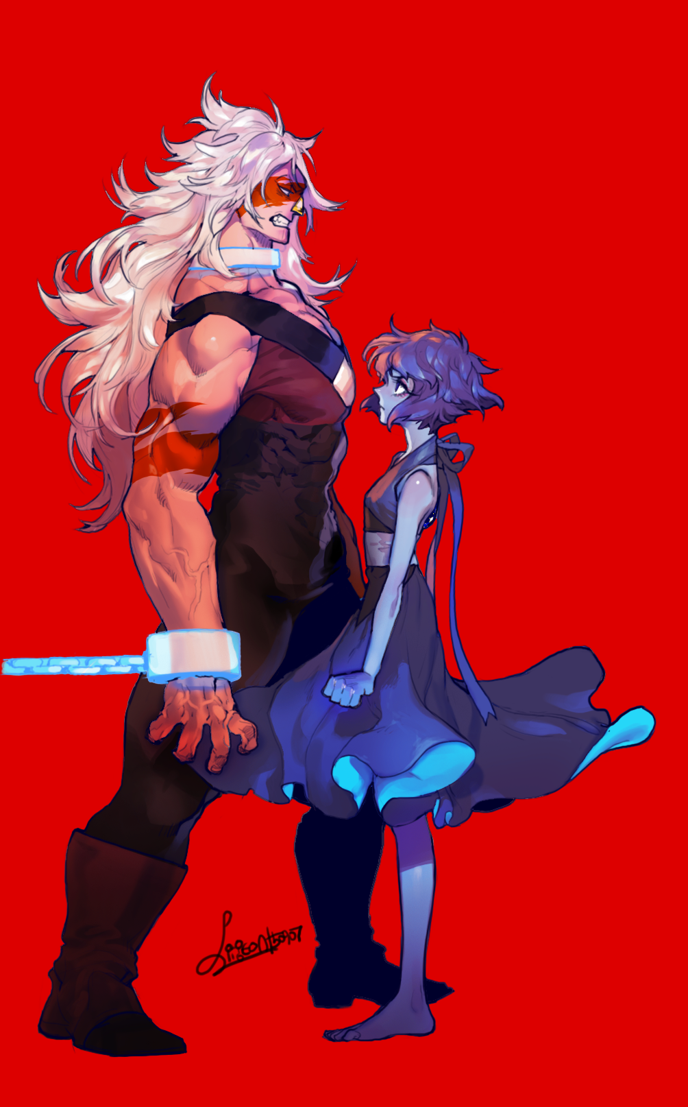 2girls angry barefoot blue_hair blue_skin chains dress eye_contact jasper_(steven_universe) lapis_lazuli_(steven_universe) looking_at_another multiple_girls muscle orange_skin pigeon666 simple_background size_difference sleeveless steven_universe toned