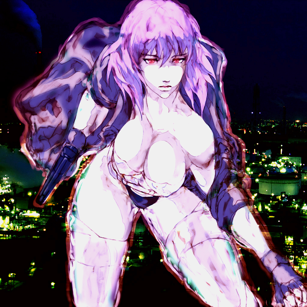 1girl breasts city cyborg female ghost_in_the_shell ghost_in_the_shell_stand_alone_complex handgun jacket kusanagi_motoko large_breasts looking_at_viewer night no_bra pistol purple_hair short_hair sky solo weapon
