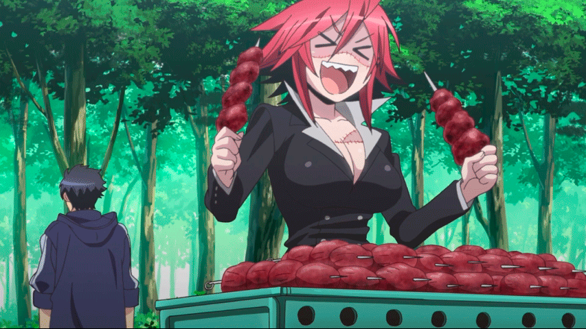 1boy 1girl animated animated_gif breasts business_suit cleavage closed_eyes eating food forest kurusu_kimihito large_breasts meat monster_girl monster_musume_no_iru_nichijou nature redhead scar short_hair smile tree zombina