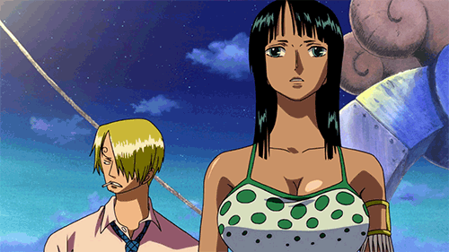 1boy 1girl animated animated_gif armlet bare_shoulders black_hair blonde_hair blue_eyes bouncing_breasts breasts cigarette cleavage clouds going_merry hair_over_one_eye jewelry long_hair nico_robin one_piece sanji screencap ship tank_top upper_body watercraft
