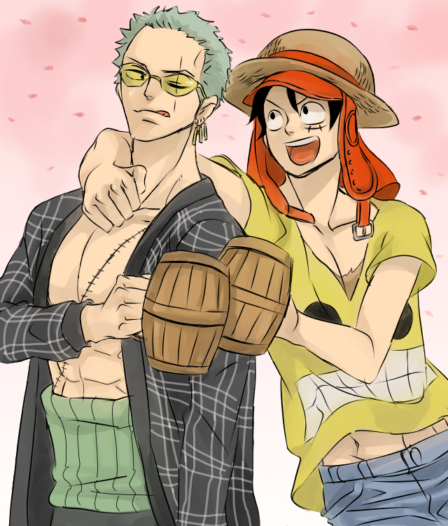 2boys black_hair cup earflap_hat earrings gradient gradient_background green_hair haramaki hat jewelry male_focus monkey_d_luffy mug multiple_boys one-eyed one_piece one_piece_film_z open_clothes open_mouth open_shirt plaid plaid_shirt roronoa_zoro scar shirt smile smiley straw_hat sunglasses t-shirt v-neck