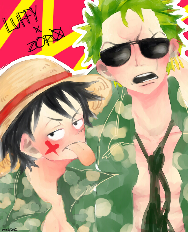 2boys black_hair camouflage character_name earrings face_paint facial_mark green_hair hat jewelry male_focus monkey_d_luffy multiple_boys one-eyed one_piece open_clothes open_shirt roronoa_zoro scar shirt simple_background straw_hat striped_background sunglasses tongue