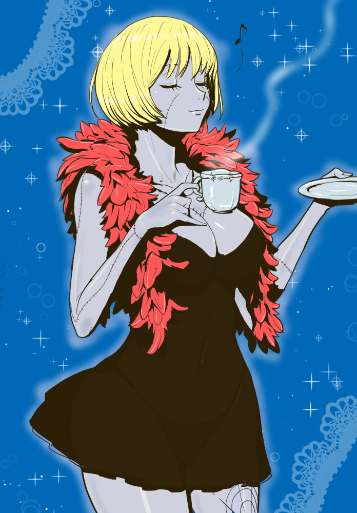 1girl bangs black_dress blonde_hair boa breasts cleavage closed_eyes dress gradient gradient_background ohcock one_piece saucer scar short_hair solo stitching tea teacup victoria_cindry zombie