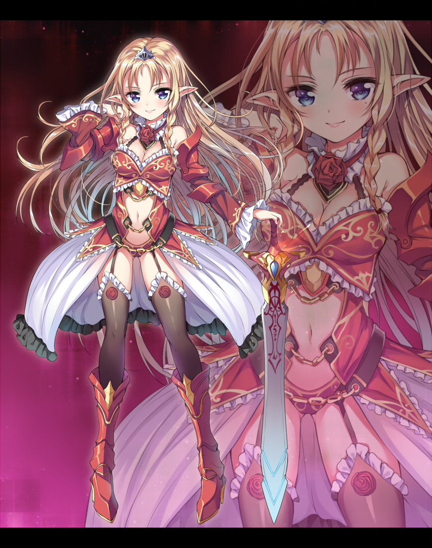 1girl armor bare_shoulders black_thighhighs blonde_hair blue_eyes border closed_mouth detached_sleeves female flower frilled_legwear frilled_skirt frilled_sleeves frills gan_(shanimuni) gradient gradient_background high_heels holding holding_sword holding_weapon long_hair long_sleeves looking_at_viewer midriff navel original pointy_ears red_flower rose skirt smile solo sword thigh-highs tiara weapon zoom_layer
