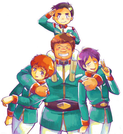 4boys amuro_ray black_hair boots brown_hair gundam hayato_kobayashi kai_shiden military military_uniform mobile_suit_gundam multiple_boys piggyback purple_hair ryu_jose salute simple_background uniform v