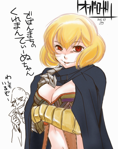 1girl blonde_hair breasts cape cleavage clementine_(overlord) khajiit_dale_badantel large_breasts manpei_ren overlord_(maruyama) red_eyes simple_background translated