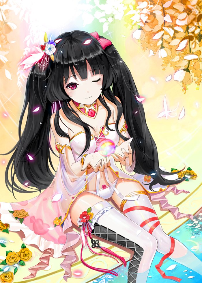 1girl bare_shoulders black_hair blush bow bracelet breasts cleavage closed_mouth collar collarbone female flower gradient gradient_background hair_bow hair_flower hair_ornament jewelry long_hair looking_at_viewer magic midriff mismatched_legwear navel original panties phonic pink_bow pink_eyes sitting smile solo thigh-highs twintails underwear wading water white_legwear white_panties wink
