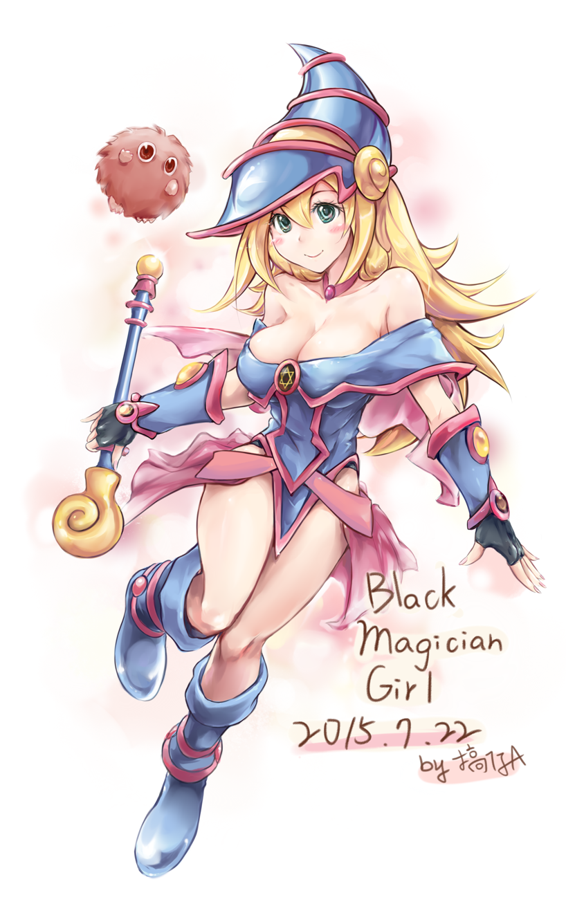 1girl artist_name bare_legs blonde_hair boots breasts cleavage dark_magician_girl dated duel_monster erementa female full_body gradient gradient_background green_eyes hat kuriboh legs long_hair smile solo wand wizard_hat yu-gi-oh! yuu-gi-ou_duel_monsters