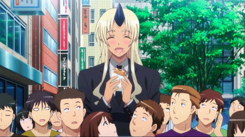 animated animated_gif blush breasts business_suit food horn large_breasts monster_girl monster_musume_no_iru_nichijou multiple_boys ogre red_eyes smile standing tall tionishia