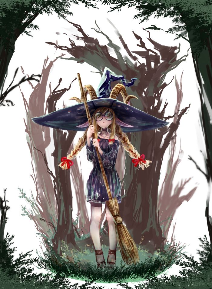 1girl blonde_hair broom female glasses hat horns jaco original pointy_ears slit_pupils solo twin_braids witch witch_hat yellow_eyes
