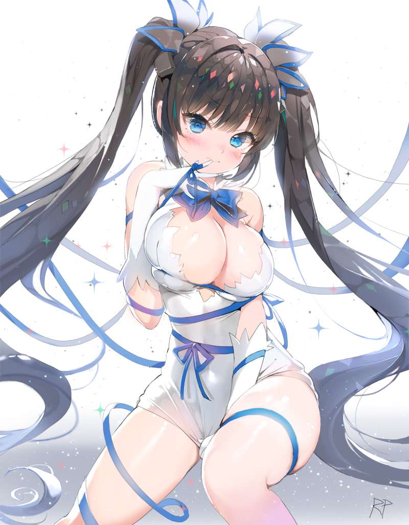 1girl black_hair blue_eyes blush bow bowtie breasts bursting_breasts cleavage cleavage_cutout covered_navel dress dress_pull dress_tug dungeon_ni_deai_wo_motomeru_no_wa_machigatteiru_darou_ka female finger_to_mouth gloves gradient gradient_background hestia_(danmachi) large_breasts long_hair rei_no_himo repi987 ribbon signature sitting skindentation solo sparkle thighs twintails very_long_hair white_gloves