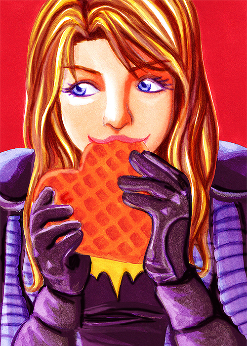 1girl batgirl batman_(series) blonde_hair blue_eyes cape dc_comics eating food gauntlets gloves simple_background smile solo stephanie_brown waffle_(food)