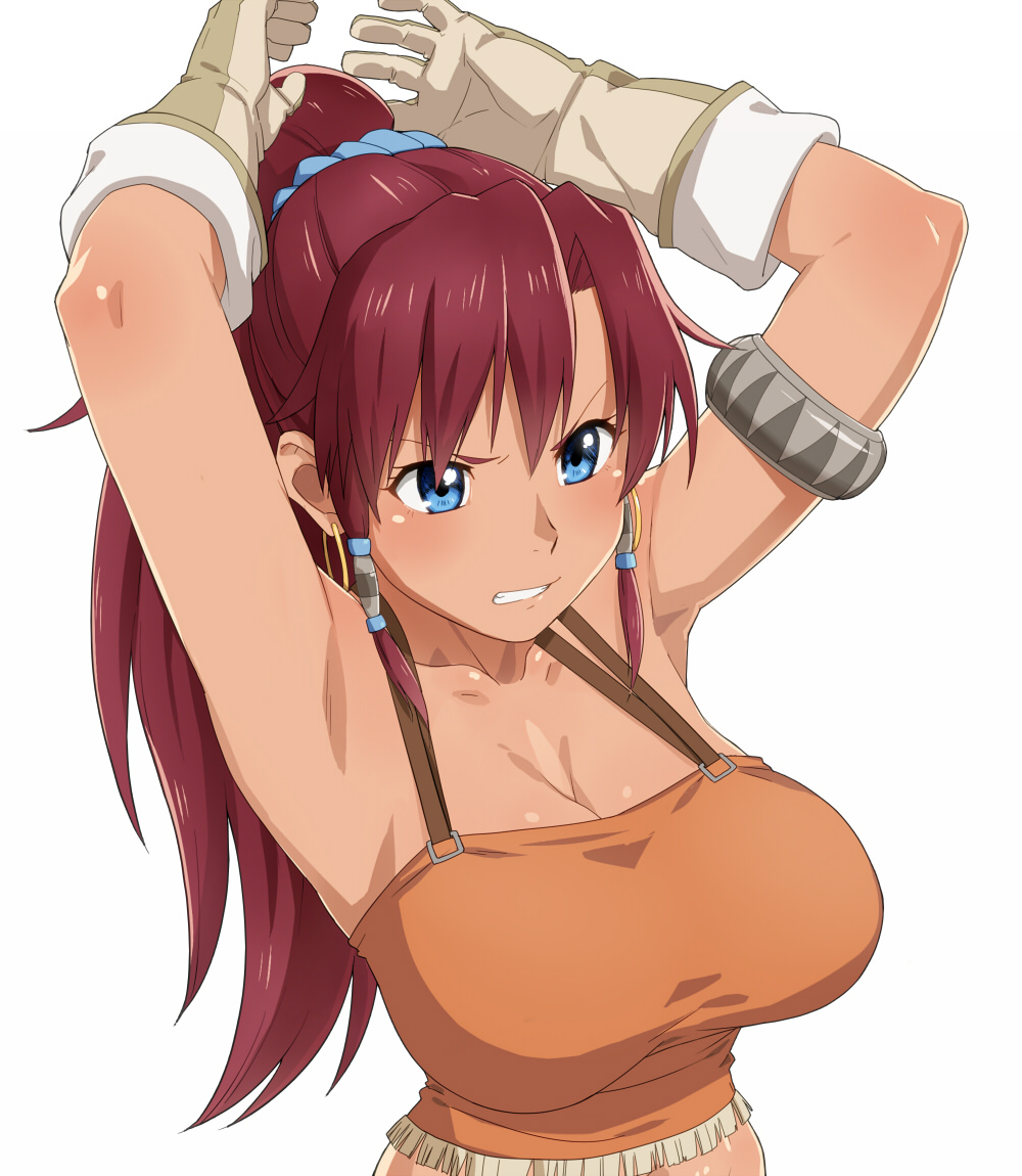 1girl angry armlet armpits arms_up bare_shoulders bellows_(suisei_no_gargantia) blue_eyes blush breasts cleavage clenched_teeth earrings female gloves hoop_earrings jewelry large_breasts long_hair looking_away ponytail raised_eyebrows redhead shiny shiny_skin simple_background solo suisei_no_gargantia teeth tenchisouha tubetop upper_body white_background