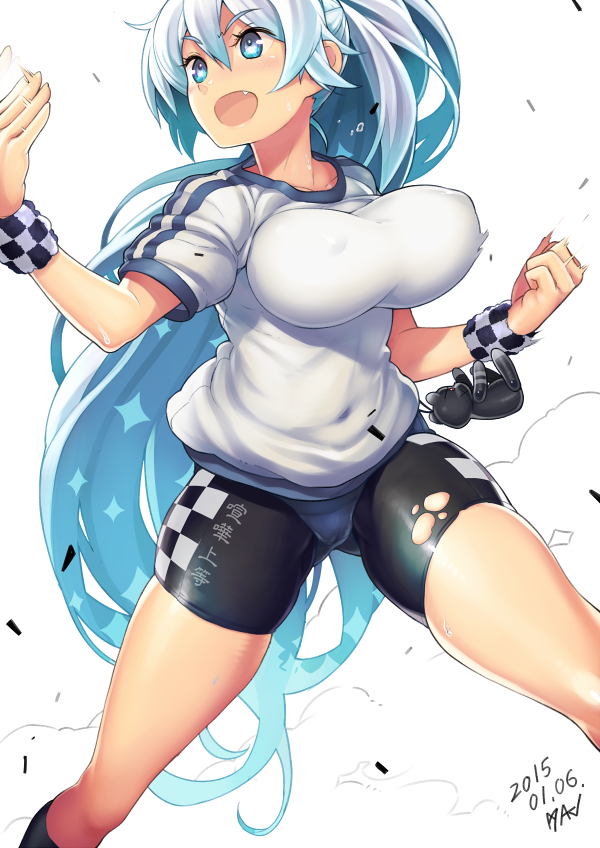 1girl aqua_hair ayaki bangs bike_shorts black_legwear blue_eyes breasts collarbone fang female hair_between_eyes huge_breasts impossible_clothes impossible_shirt long_hair looking_to_the_side open_mouth original shirt short_sleeves shorts simple_background skindentation smile socks solo spread_legs sweat t-shirt torn_clothes very_long_hair white_shirt wristband