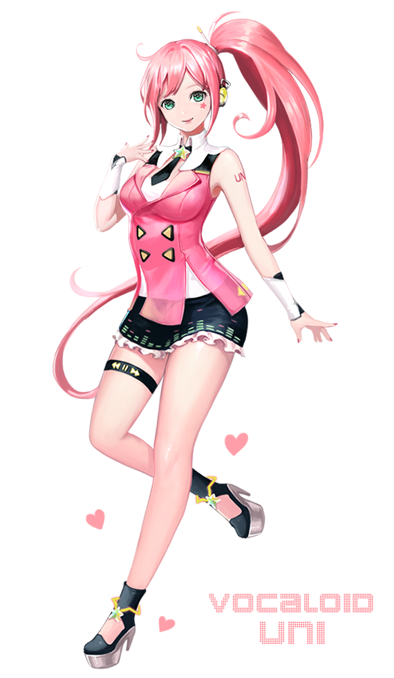 1girl boots character_name facial_mark female frilled_skirt frills hair_ornament hair_stick headphones high_heels long_hair looking_at_viewer nail_polish necktie phonic pink_hair pink_lips pink_nails side_ponytail simple_background skirt smile solo star_(symbol) tattoo uni_(vocaloid) vocaloid white_background