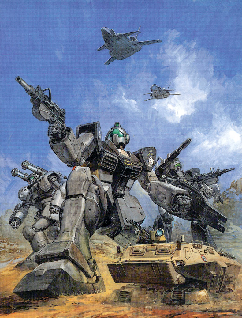 airplane depp_rog gm_(mobile_suit) gm_cannon ground_gm gun guncannon guncannon_mp_type gundam gundam_side_story:_rise_from_the_ashes mecha military military_vehicle official_art shield sky takani_yoshiyuki type_74_(gundam) vehicle weapon