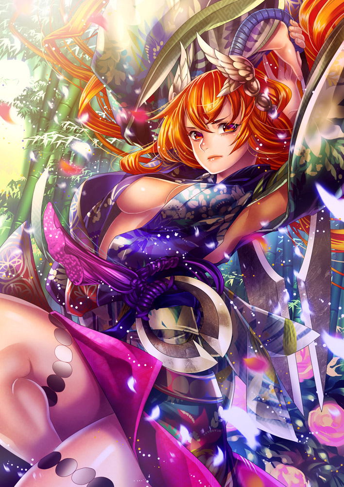 1girl bamboo closed_mouth coga dual_wielding female holding holding_weapon japanese_clothes long_sleeves looking_at_viewer matching_hair/eyes orange_eyes orange_hair original solo sword traditional_clothes weapon yukata