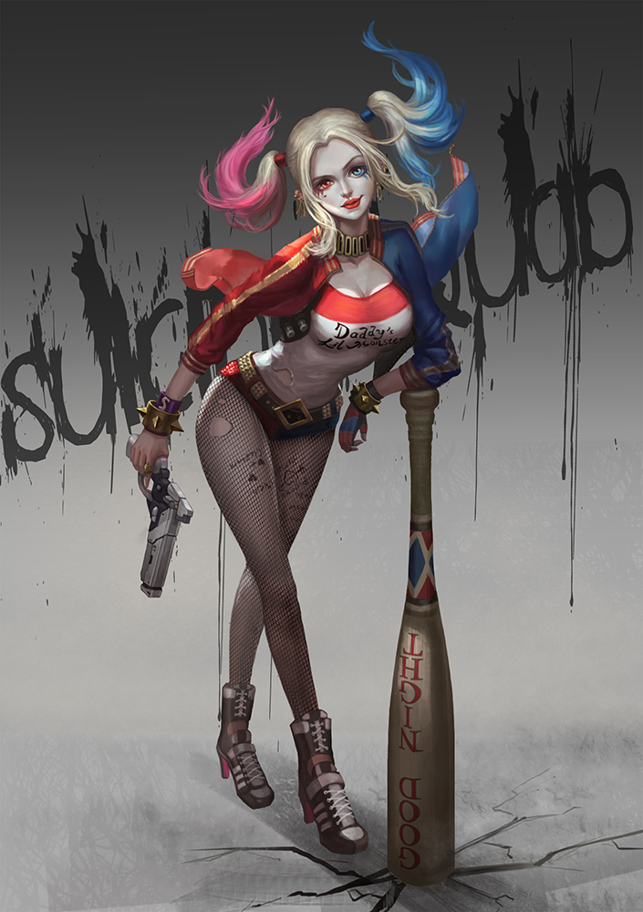 1girl armpit_holster baseball_bat batman_(series) belt blonde_hair body_writing breasts choker cleavage copyright_name dc_comics dccu fishnets full_body gradient gradient_background gun harley_quinn heterochromia holster jacket lipstick makeup multicolored_hair sequins solo spiked_bracelet studded_belt suicide_squad twintails weapon