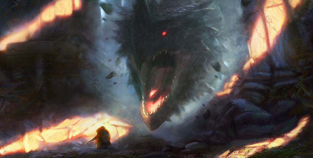 cave cloak dragon dragon_head fur_cloak gigantic glowing glowing_eyes grosnez maw nature rock roots ruins size_difference sunlight sword swordsman teeth tongue weapon