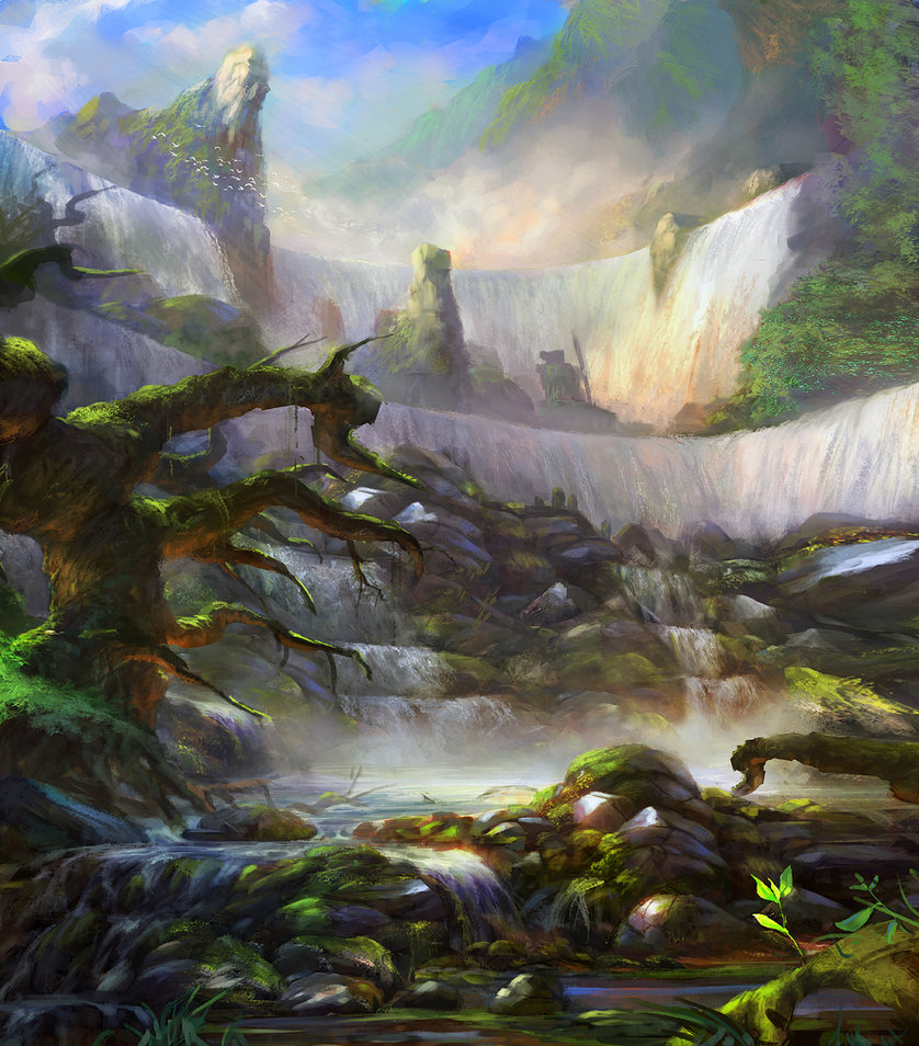 birds environment fantasy fog grosnez moss mountain scenery tree waterfalls
