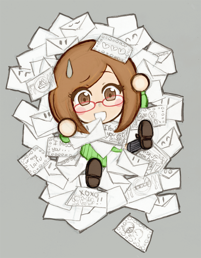 1girl blush brown_eyes brown_hair glasses letters nikki_(swapnote) simple_background solo swapnote