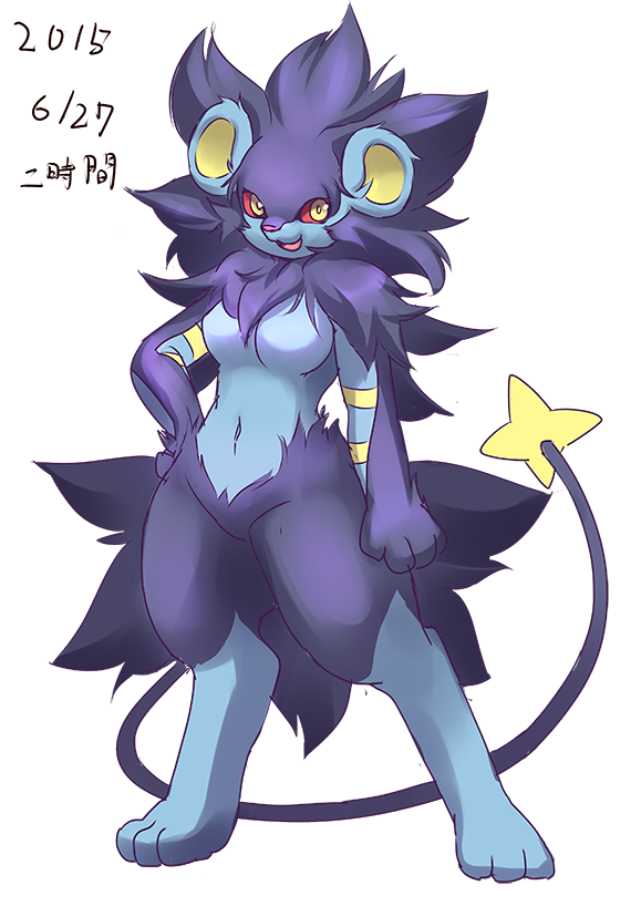 1girl artist_request breasts female full_body furry luxray open_mouth pokemon simple_background solo white_background yellow_eyes