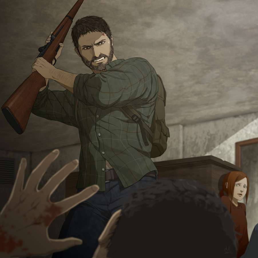 1girl 2boys backpack bag blood brown_hair building ellie_(the_last_of_us) from_behind from_below gb_(doubleleaf) green_eyes gun hand_on_hip highres indoors joel_(the_last_of_us) multiple_boys naughty_dog open_mouth short_hair standing the_last_of_us weapon