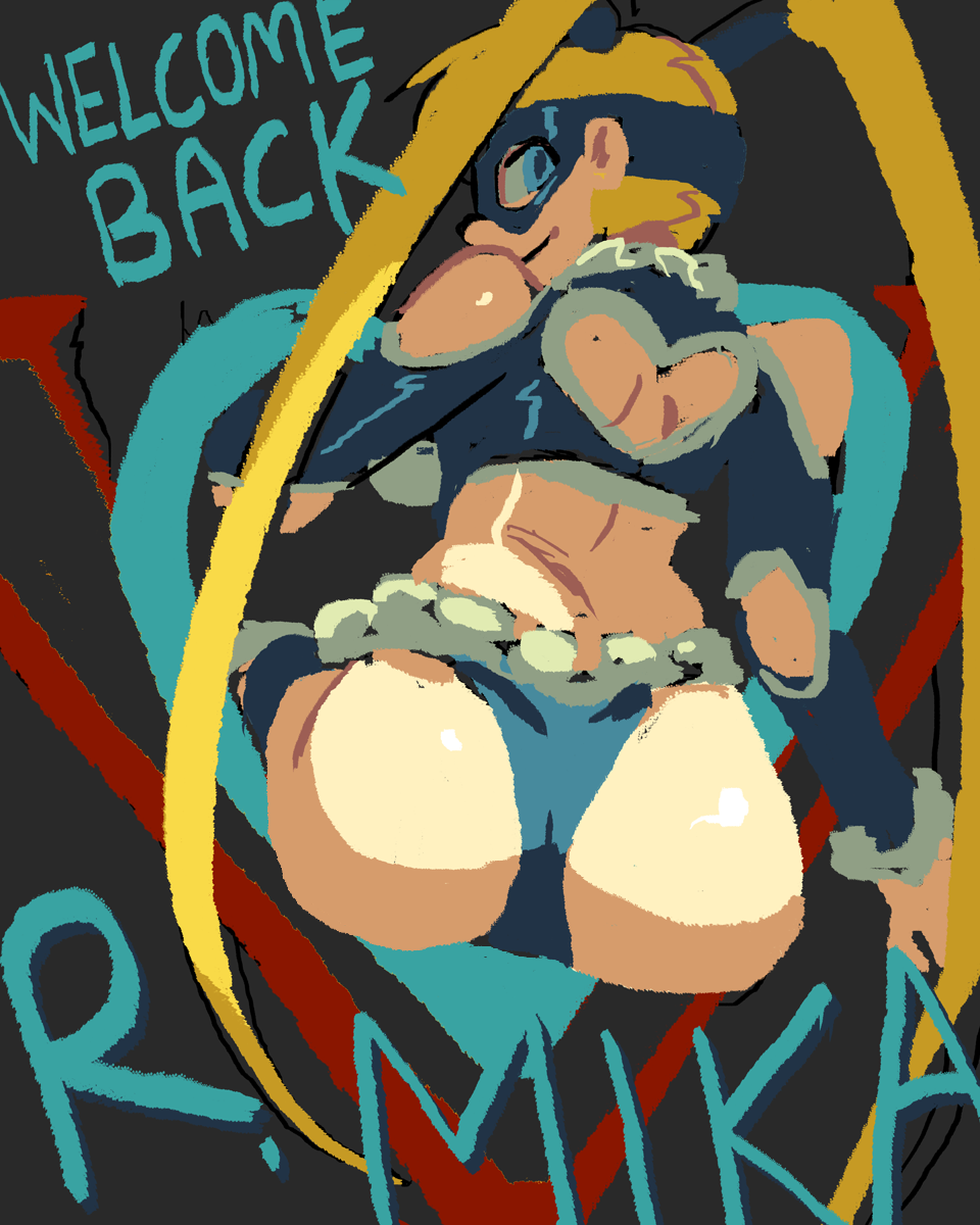 1girl alex_ahad ass blonde_hair domino_mask from_behind heart heart_cutout looking_back mask rainbow_mika simple_background sitting smile solo street_fighter street_fighter_v tied_hair twintails wrestling_outfit