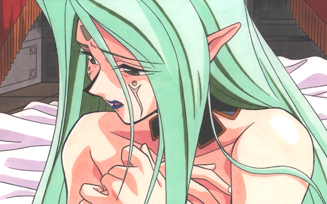 1girl bare_shoulders blue_lips collarbone detached_collar facial_mark female forehead_mark green_hair grey_eyes indoors kimura_takahiro lips lipstick long_hair makeup parted_lips pc_engine pointy_ears proto_nirvana solo steam_hearts tattoo upper_body