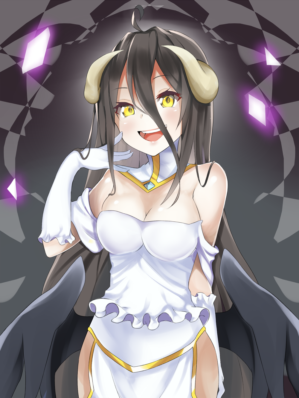 1girl ahoge albedo artist_request bare_shoulders black_hair black_wings blush breasts cleavage dress female frills gloves gradient gradient_background hair_between_eyes hip_vent horns large_breasts looking_at_viewer overlord_(maruyama) smile solo succubus very_long_hair white_dress wings yellow_eyes