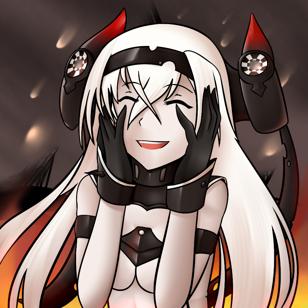 1girl air_defense_hime background black_gloves breasts closed_eyes fire gloves gradient gradient_background hairband horns hyphen kantai_collection long_hair mecha_musume open_mouth shinkaisei-kan smile smoke solo tagme under_boob white_hair