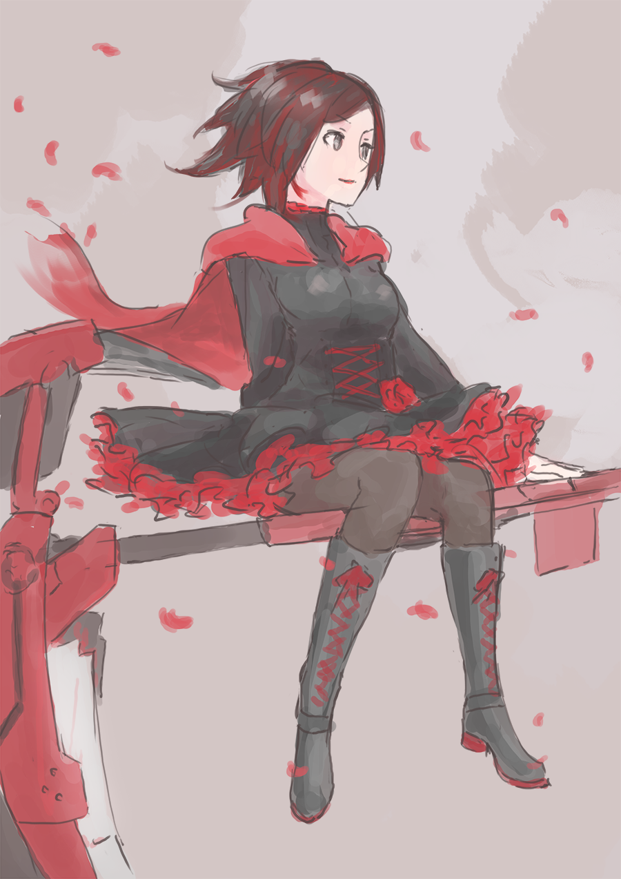 1girl boots brown_hair cape flower grey_eyes highres lolita_fashion petals rose rose_petals ruby_rose rwby scythe short_hair simple_background solo takenisketch