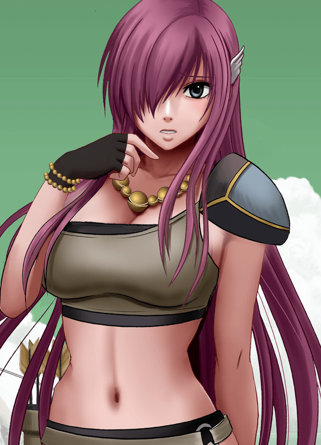 1girl arrow black_eyes black_gloves bracelet breasts cleavage collarbone crimson_comics crop_top female fingerless_gloves gloves gradient gradient_background hair_ornament hair_over_one_eye jewelry long_hair looking_at_viewer midriff navel necklace pink_hair quiver solo