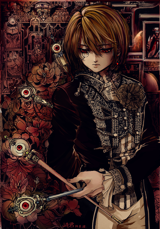 1boy blonde_hair earring eyeball flower frills hunter_x_hunter kurapika male_focus monocle red_eyes