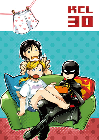 1boy 2girls barefoot batman_(series) black_hair blonde_hair boots cape cassandra_cain couch dc_comics green_upholstery halftone halftone_background hamster kandamari mask multiple_girls polka_dot polka_dot_background ponytail red_robin s_shield shirt shorts sitting smile stephanie_brown t-shirt tim_drake video_game