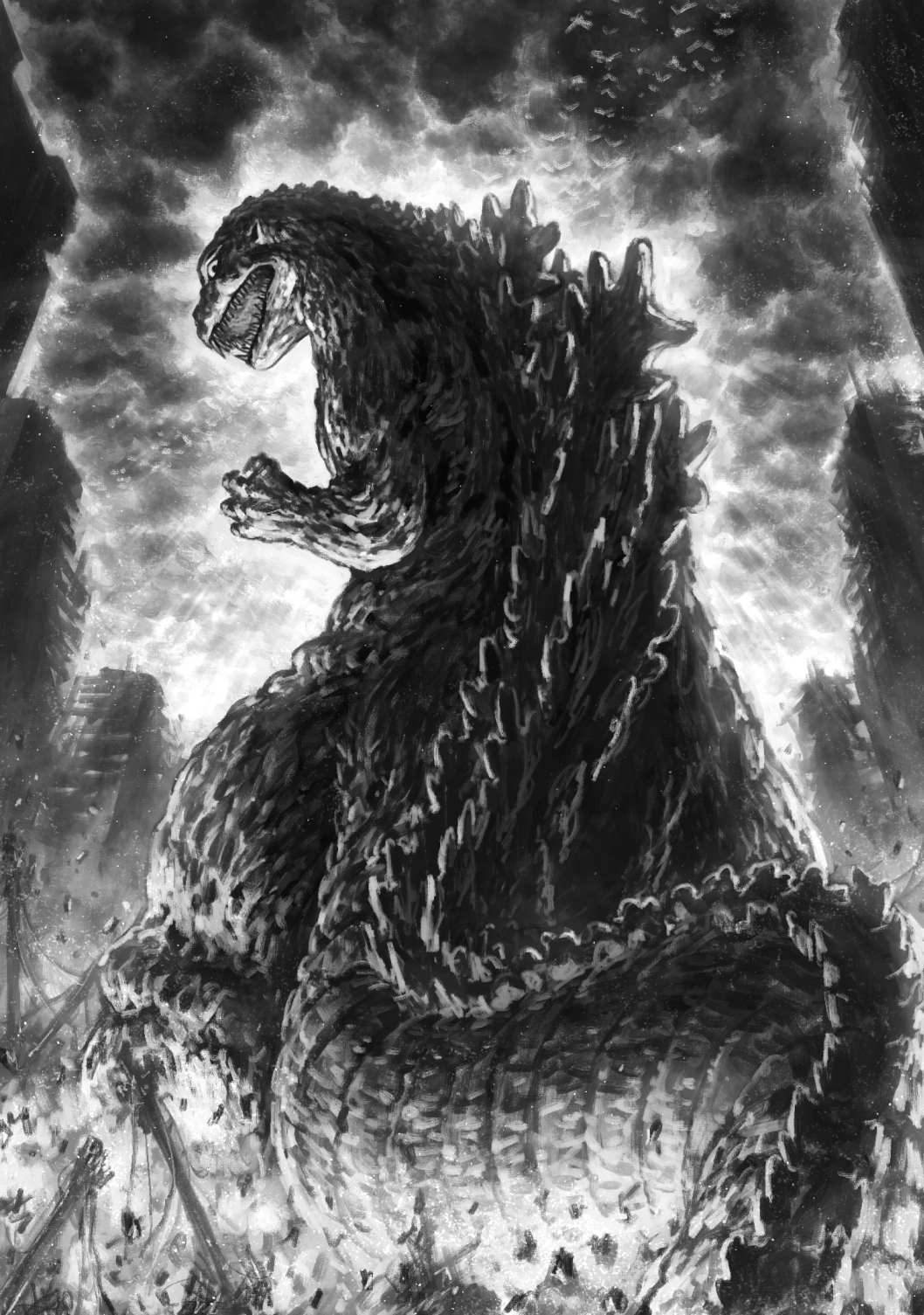 back building city claws destruction dinosaur fangs fire giant godzilla godzilla_(series) kaijuu long_image looking_at_viewer looking_back monochrome monster no_humans open_mouth profile roaring scales solo spikes standing tail tatsuya_(atelier_road) toho_(film_company)