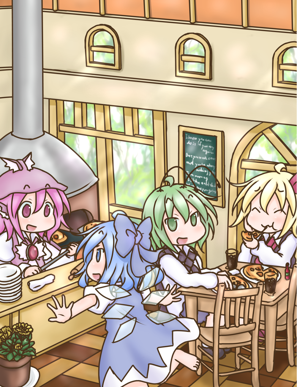 4girls :d :t ^_^ ahoge antennae barefoot black_neckwear black_vest blonde_hair blue_dress blue_eyes blue_hair bow chair chalkboard cirno closed_eyes cola counter cup dress drinking_glass eating eyebrows_visible_through_hair eyebrows_visible_through_hat food green_eyes green_hair hair_between_eyes hair_bow hat highres indoors leg_lift long_sleeves looking_at_another looking_at_viewer multiple_girls mystia_lorelei napkin open_mouth outstretched_arms oven pink_eyes pink_hair pizza plant plate potted_plant puffy_short_sleeves puffy_sleeves red_neckwear restaurant rumia short_hair short_sleeves sitting smile spread_arms standing standing_on_one_leg tabasco table takanoru team_9 touhou vest window wings wooden_floor wriggle_nightbug