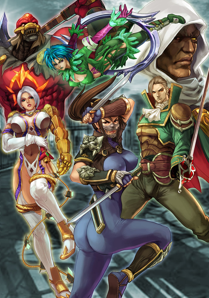 3boys 3girls absurdres armor ass astaroth_(soulcalibur) black_hair blonde_hair blue_eyes breasts brown_eyes dark_skin epic erect_nipples gauntlets gloves highres hood huge_ass huge_breasts isabella_valentine large_breasts multiple_boys multiple_girls ninja raphael_sorel skin_tight soul_calibur soulcalibur_iii stanley_lau sword taki_(soulcalibur) tira_(soulcalibur) weapon white_hair zasalamel