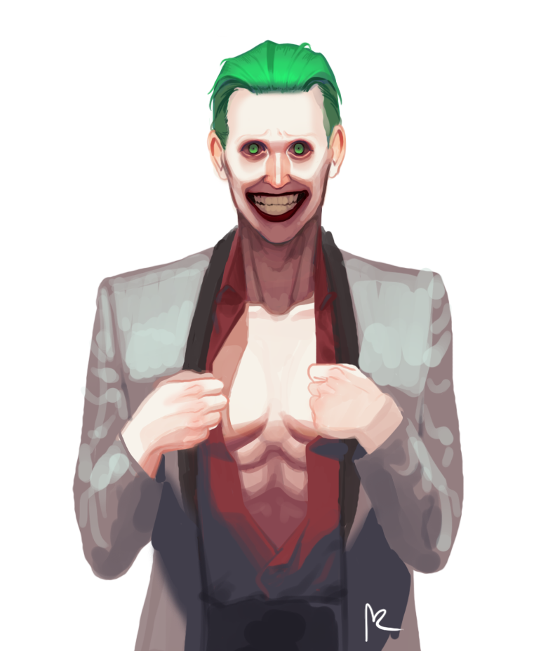 1boy batman_(series) dc_comics dccu green_eyes green_hair male_focus open_clothes open_shirt shirt simple_background smile solo suicide_squad the_joker